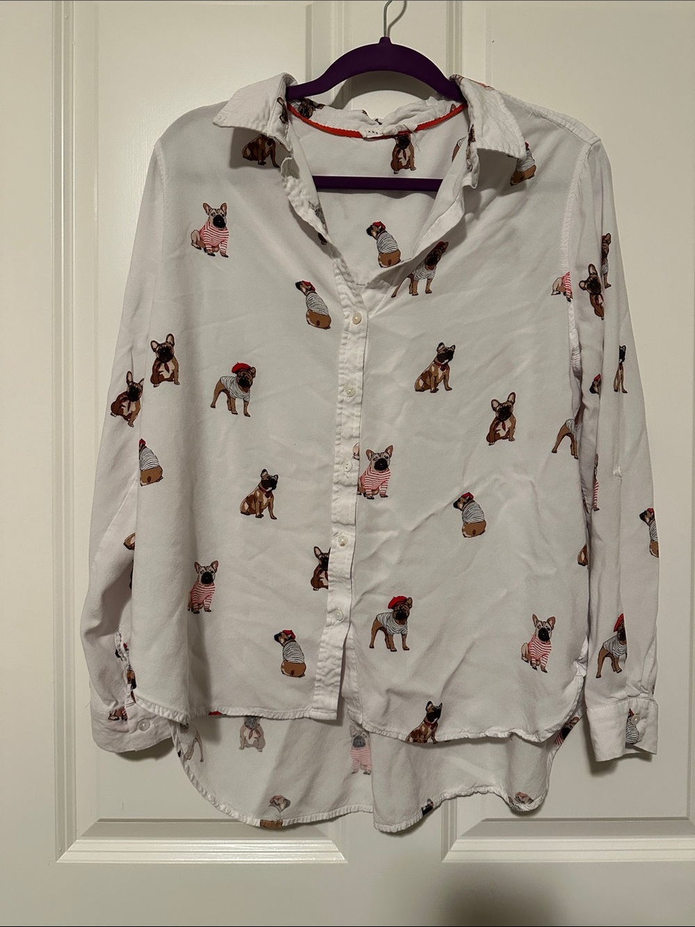 Jane and Delancey White Dog-Print / Frenchie Button-Down long sleeve Shirt XL
